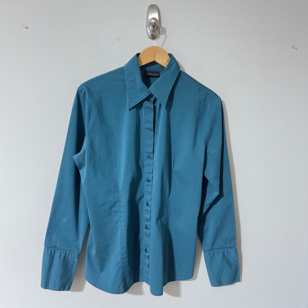 👉New York & Company Women'sTeal Long-Sleeve Button-Up Stretch Shirt, Size Large;
